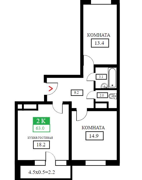 2-к квартира, 63 м², 9/24 эт.