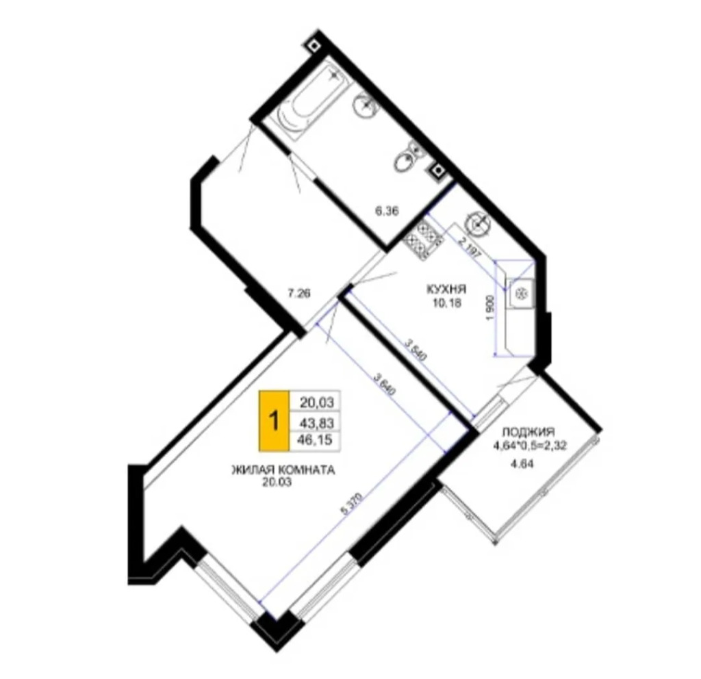 1-к квартира, 43.3 м², 2/12 эт.