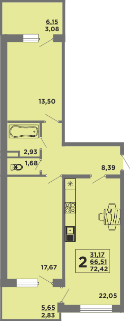 2-к квартира, 66.5 м², 4/7 эт.